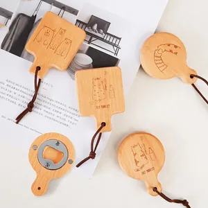 Wooden Bottle Opener Magnetic Fridge Magnet Beech Wood Stainless Steel Portable With Leather Lanyard Cartoon Cat Bear