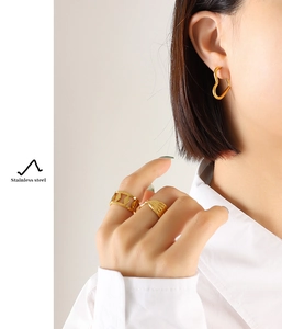 Detail showing gold heart earrings and geometric rings worn by a model in stainless steel