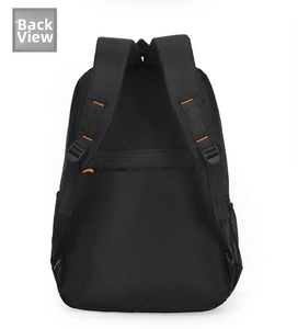Detail view of the black sports backpack back with thick padded straps and orange stitching