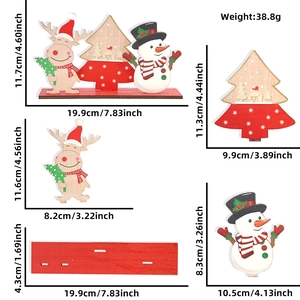 Detailed dimensions of wooden Christmas puzzles with reindeer, tree, and snowman figures