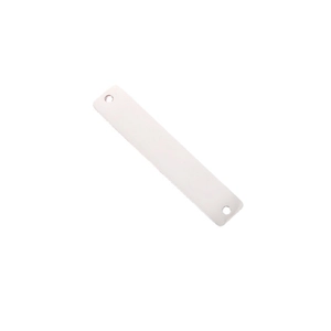 Polished silver stainless steel 6x32mm rectangle dog tag with double holes on white background