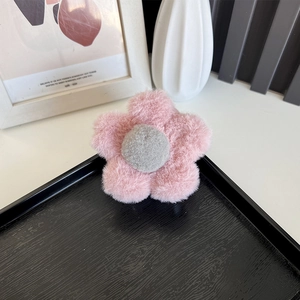 Sweet pink plush flower shark hair claw clip with grey center for autumn and winter styles