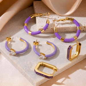 Titanium Stainless Steel Hoop Earrings For Women Purple Gold Enamel Color Block C-Shaped Heart Rhinestone Geometric Earrings Jewelry Gift
