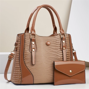 Two-piece dark brown and khaki tote bag set with crocodile texture and glossy finish
