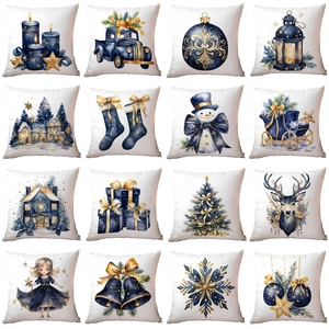Christmas Cushion Cover Short Plush Blue Gold Watercolor Reindeer Santa Snowflake Pattern Home Holiday Decor Square