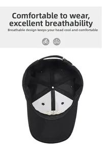 Detail view of the breathable inner structure and reinforced seams of a black baseball cap