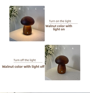 Walnut wood mushroom lamp showing lit and unlit states with sleek metal power button