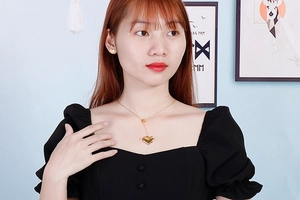 Model wearing gold heart pendant necklace and matching stud earrings set for women
