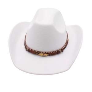 Close-up of white felt cowboy hat with brown braided band and golden feather charm