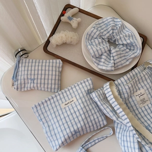 Detailed set of blue plaid tote bags with bow embroidery and simple wish fabric labels