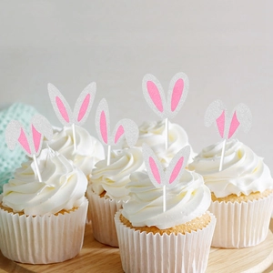 Glittery silver and pink bunny ear cupcake toppers for Easter party cake decorations