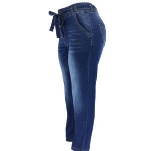 Women's high waist wide leg blue wash denim jeans with integrated tie-up belt