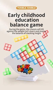 Macro detail of Tetris balance blocks stacking on a white base for early education
