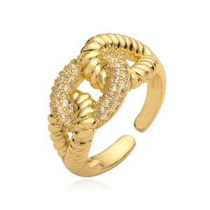 18K gold plated adjustable rope ring featuring geometric crossover design with cubic zirconia
