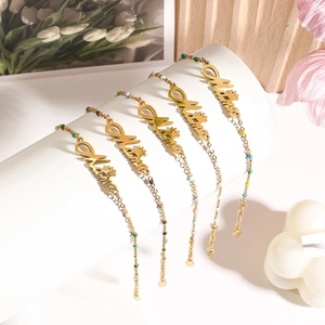 Mama Letter Bracelet Stainless Steel With Colorful Beads Gold Plated Crown Detail Mother Gift For Women Fashion