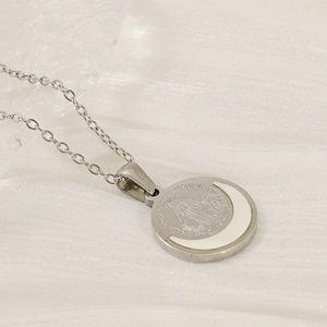 Silver stainless steel religious pendant necklace featuring a white crescent inlay and engraving