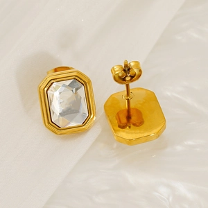 Elegant gold stainless steel stud earrings featuring rectangular clear zircon stones
