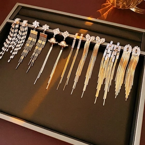 Long Tassel Dangle Earrings Zircon Inlaid Gold Plated Elegant Jewelry For Women With Silver Earring Post