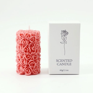 Pink cylinder rose flower relief scented candle with minimalist white gift box 60g