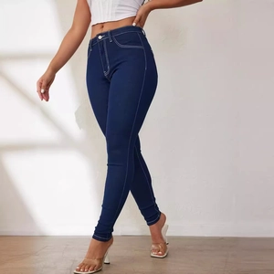 Women's slim fit dark blue high waist denim jeans with striking white contrast stitching