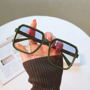 Chic oversized square dark green sunglasses with blue-gray gradient lenses for women