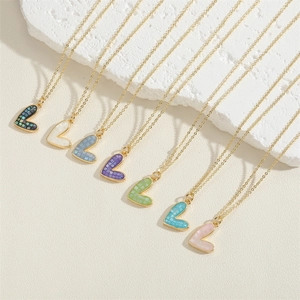 Colorful heart-shaped mosaic pendant necklaces in seven colors with elegant gold chains
