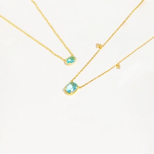 S925 sterling silver gold necklaces with rectangular light blue glass stone pendants