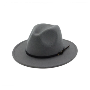 Detail of dark grey wool felt fedora featuring black leather band and gold metal buckle