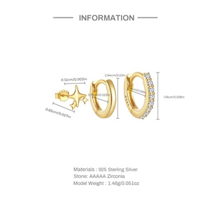 Detailed view of 925 silver star studs and zirconia hoops with precise measurements