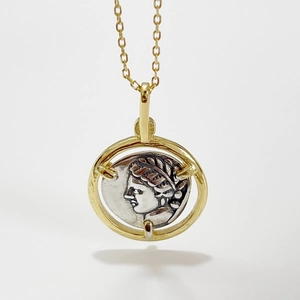 Vintage 925 sterling silver gold-plated coin pendant necklace with embossed portrait design