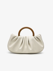 Off-white ruched cloud clutch bag with a brown resin round handle on a white background
