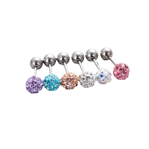 Set of 6 titanium steel barbell stud earrings with colorful sparkling rhinestone balls