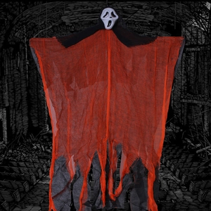 Detailed close-up of a red and black Halloween ghost hanging decoration with scream mask