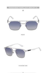 Front and 45-degree side views of silver cat-eye sunglasses with blue gradient lenses