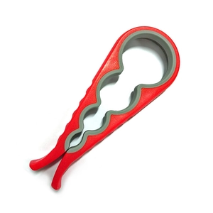 Multifunctional 4-in-1 plastic jar opener with non-slip rubber grip in red and gray