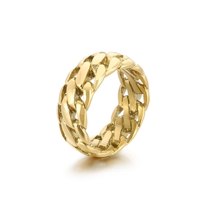 Men's punk style golden cuban link titanium steel ring with polished metal finish