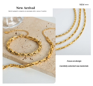 Detail of gold-plated geometric interlocking chain link necklace and bracelet set