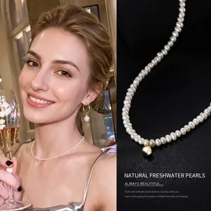 Natural Freshwater Pearl Necklace With Gold Alloy Bead Pendant French Vintage Minimalist Choker For Women