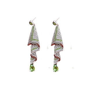 Silver drop earrings with spiral design, encrusted diamonds and pear-shaped green gemstones
