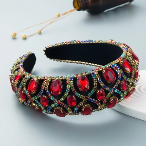 Baroque padded headband with red gems and multicolored crystals on black velvet base