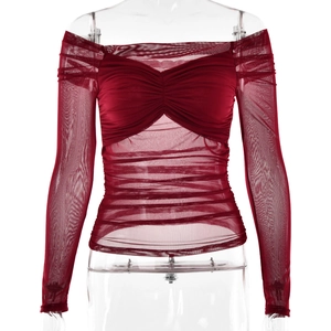 Detail of off-shoulder mesh top in wine red with elegant pleated texture and long sleeves
