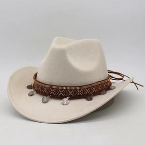 White felt western cowboy hat with ethnic style silver coin pendants and brown band