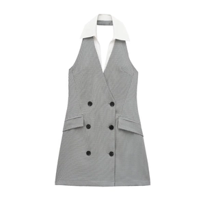 Women Halter Mini Dress Houndstooth Plaid Blazer Style Double Breasted Sleeveless Splicing Elegant White Collar