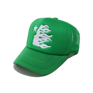 Neon green trucker hat with star embroidery and breathable mesh panels for men