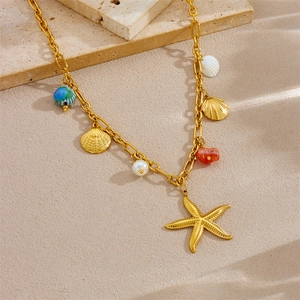18K gold plated stainless steel necklace with starfish, seashell and pearl pendants