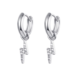 Detailed view of silver lightning bolt earrings with sparkling zircon stones