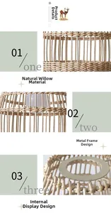 Detail view of handmade willow woven lampshade with sturdy white metal frame structure