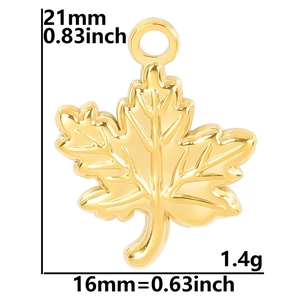 Detailed view of 18k gold maple leaf pendant with 21mm height and 16mm width measurements