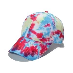 Classic six-panel tie-dye baseball cap with curved brim and colorful sun protection design