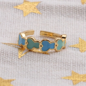 Adjustable gold butterfly ring with colorful blue and green enamel heart charms